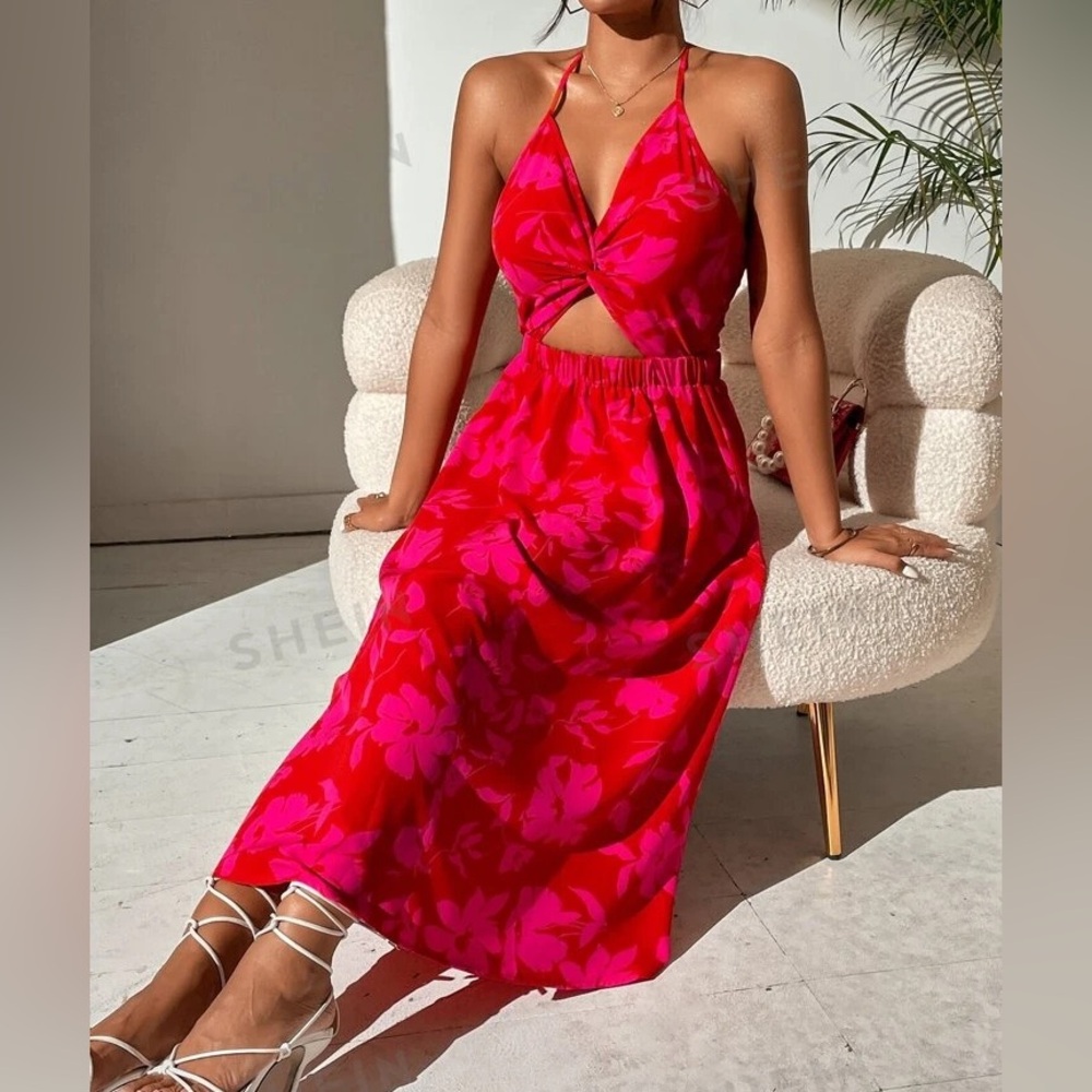 SHEIN Vacay Allover Floral Print Twist Front Halter Dress